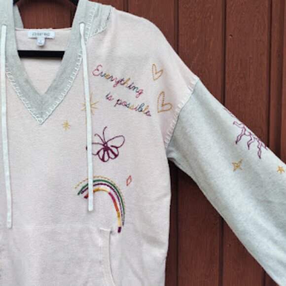 JOHNNY WAS | Embroidered Pastel Pink And Grey V-Neck Sweater Hoodie Soft Girl S - Picture 5 of 13
